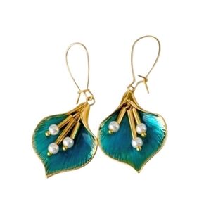Gold Lotus Calla Lily Teal Flower Earrings w Pearl Tassels